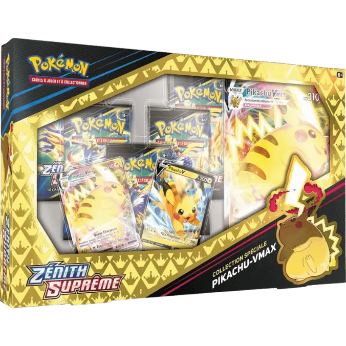 Image de Collection spéciale Pikachu-VMAX – Contient: 5 boosters de 10 cartes Zénith Suprême 2 cartes promo composant un Pikachu-VMax 1 Carte Jumbo Pikachu - VMax Dimensions: L36 x l23 x h5 cm